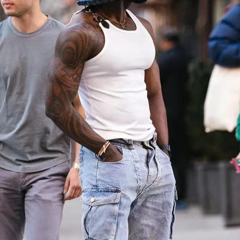 Майка мужская с цепочкой пикантная уличная одежда на пуговицах бретельках