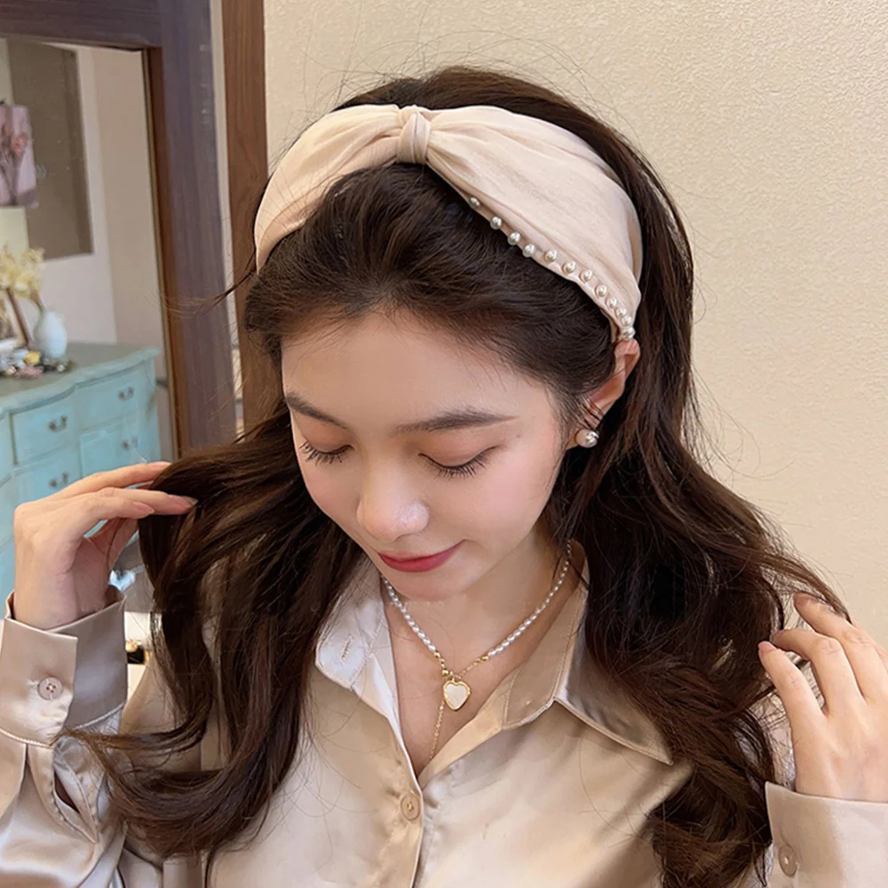 

Minimalist Solid Color Pleated Wide Headband Women Luxury Imitation Pearl Beaded Hair Hoop Twist Knotted Styling Hairband