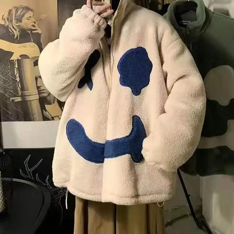 

high quality Lamb wool coat men and women winter embroidered printed cotton-padded loose couple warm long sleeve cotton jacket