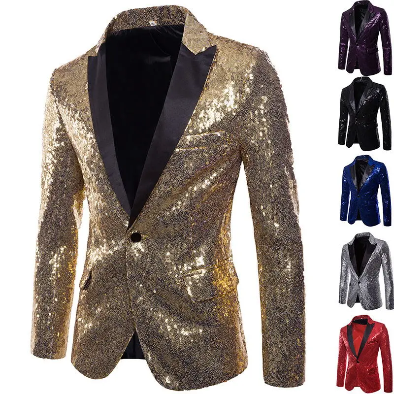 

European and American Performance Dresses Gold Sequins Men's Suits Korean Nightclub Host Emcee Jacket European Size Blazer 2022