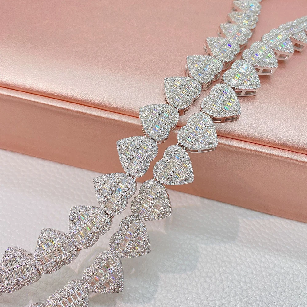 Bling Heart Moissanite Necklaces S925 Silver Cuban Link Chain Choker Real Diamonds for Women Men Pass Tester With GRA Free Ship