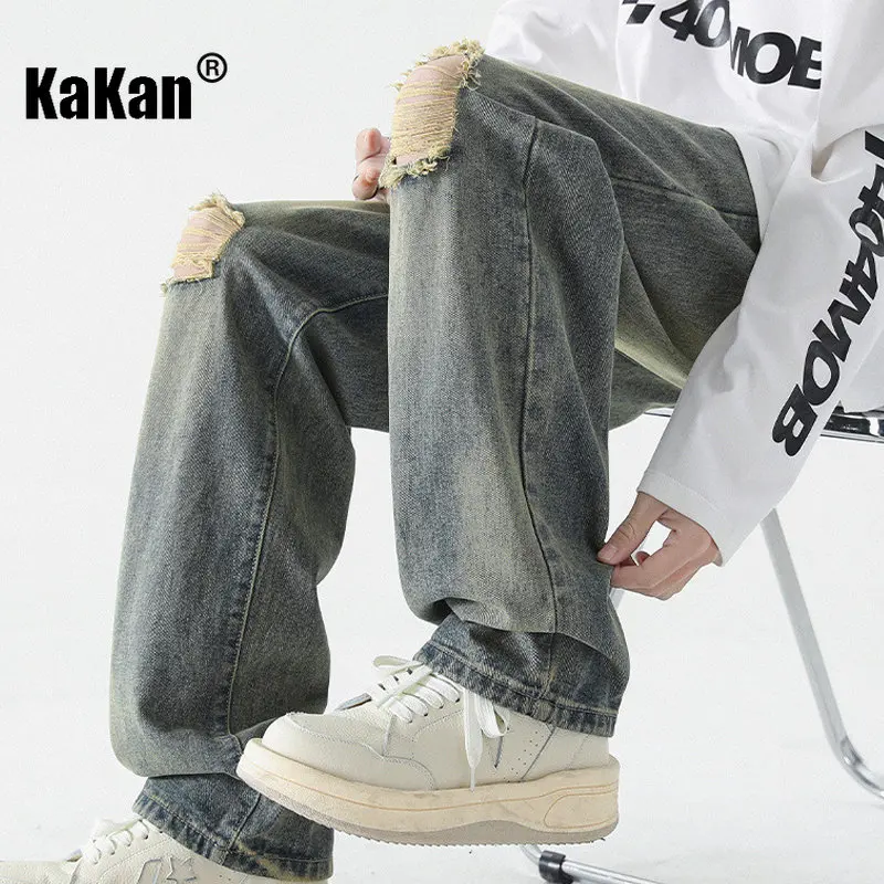 Kakan - New Washed Old Hole Jeans for Men, High Street Trendy Brand Straight Drop Versatile Long Jeans K24-JFS502