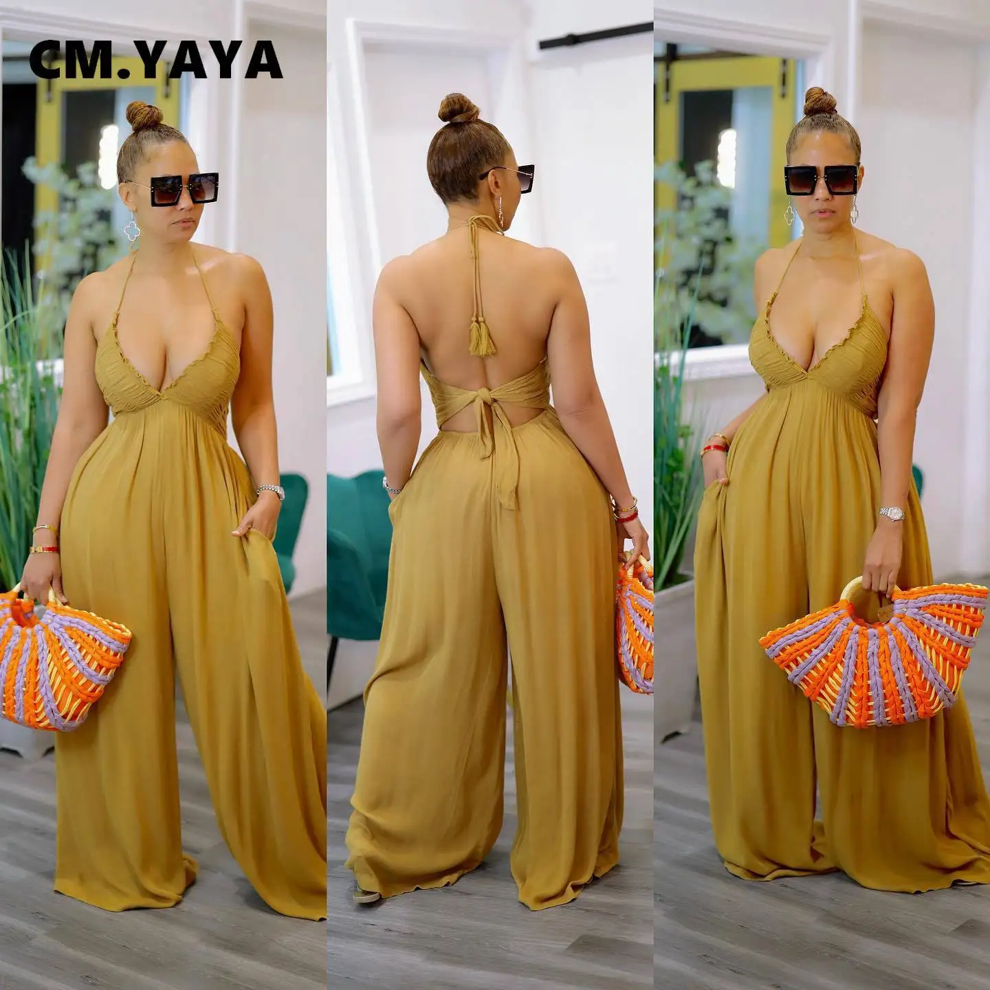 Женский комбинезон без рукавов CM.YAYA элегантный пляжный с лямкой на шее открытой