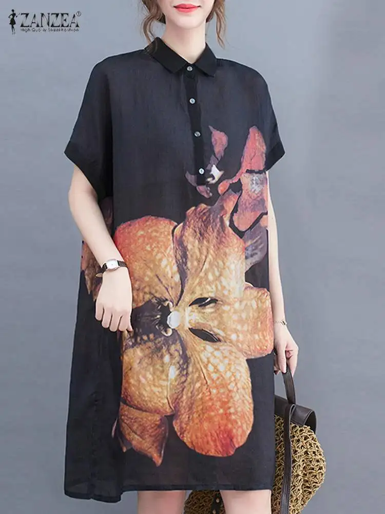 

Платье ZANZEA женское с отворотом, повседневная элегантная рубашка с коротким рукавом, с цветочным принтом, в винтажном стиле, оверсайз, длиной...