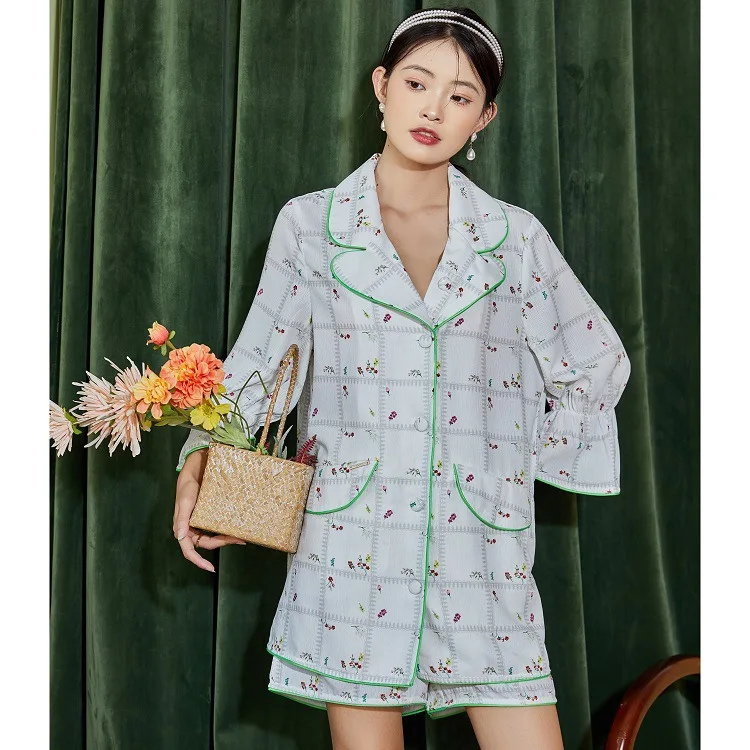 

Thin Women Suit Collar Pajamas Sets Sweet Flare Sleeve Shirts Print Sleepwear Casual Loose Nightwear Pyjamas Underwear Home Wear