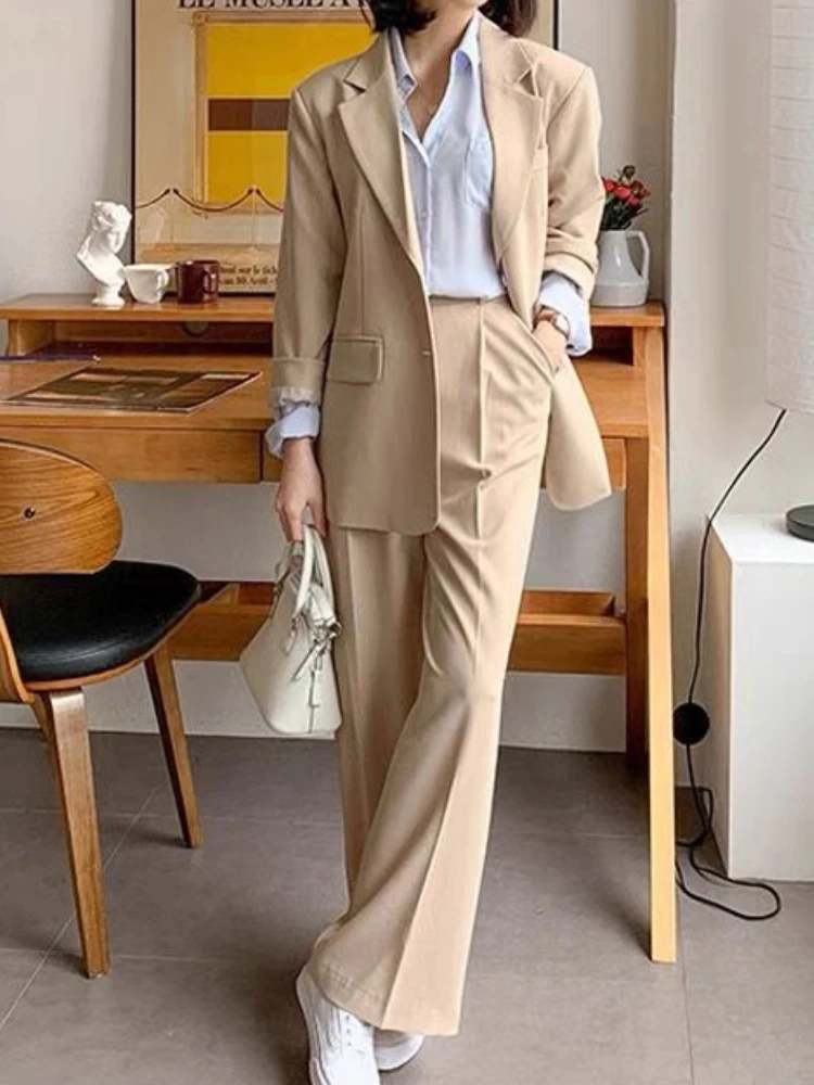 

Women's Spring Summer Casual Blazer Pantsuit Long Sleeve Jacket+Loose Pants Two Piece Set Female Fashion Business Trousers Suit
