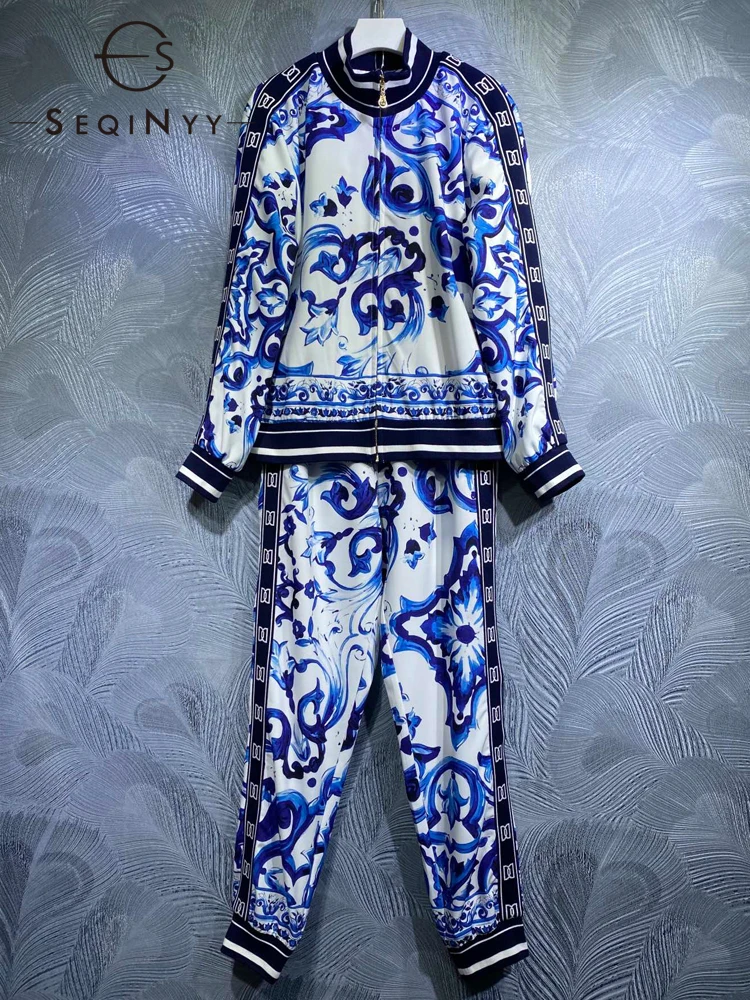 

SEQINYY Autumn Spring Set New Fashion Design Women Runway High Street Jacket + Elastic Pants Vintage Sicily Blue Flowers Print