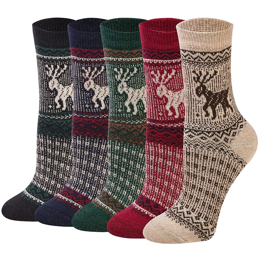 

5 Pairs Women Winter Wool Socks Thick Warm Soft Middle Tube Fashion Animal Christmas Deer Elk Pattern Colorful Crew Socks