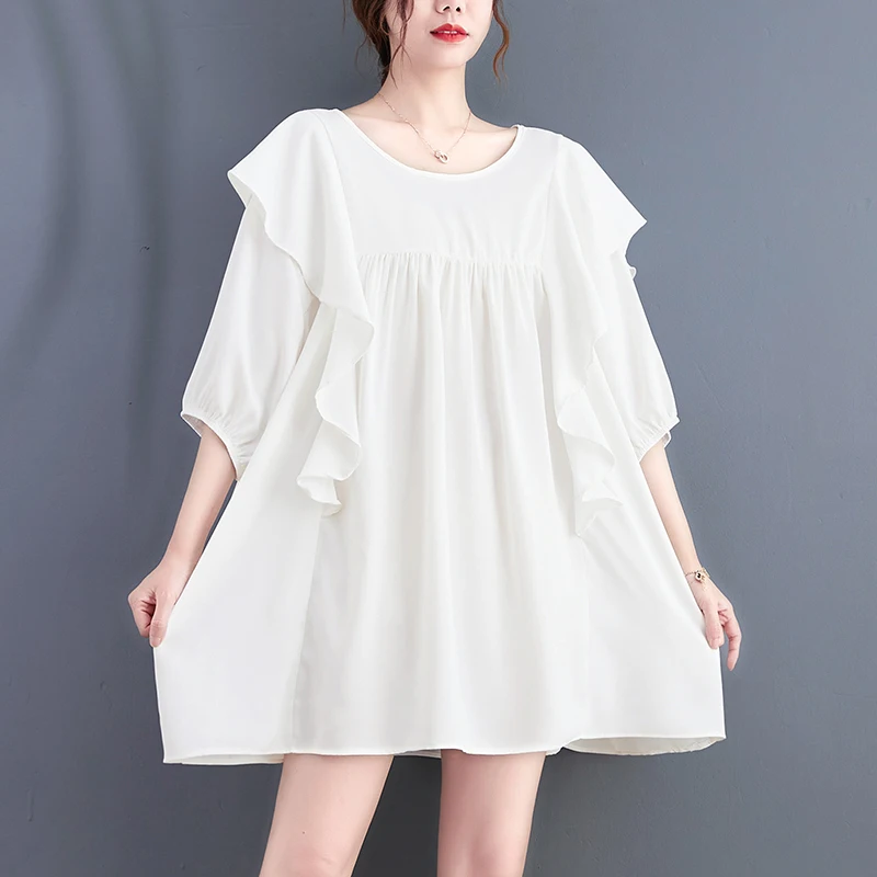 

SuperAen Summer Clothes Loose Oversized Flounce Stitched Chiffon Dress Women's High Waist Ruffles A-LINE Mini Dress