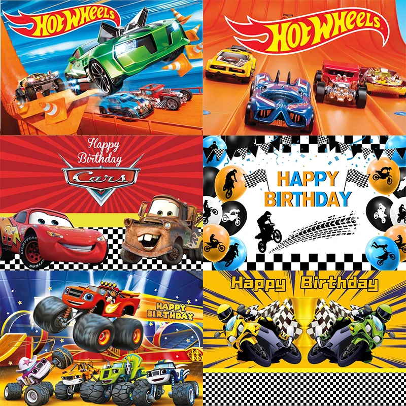 

Hot Wheel Backdrop Racing Cars Boys Happy Birthday Party Baby Shower Children Motorcycle Photography Background Banner