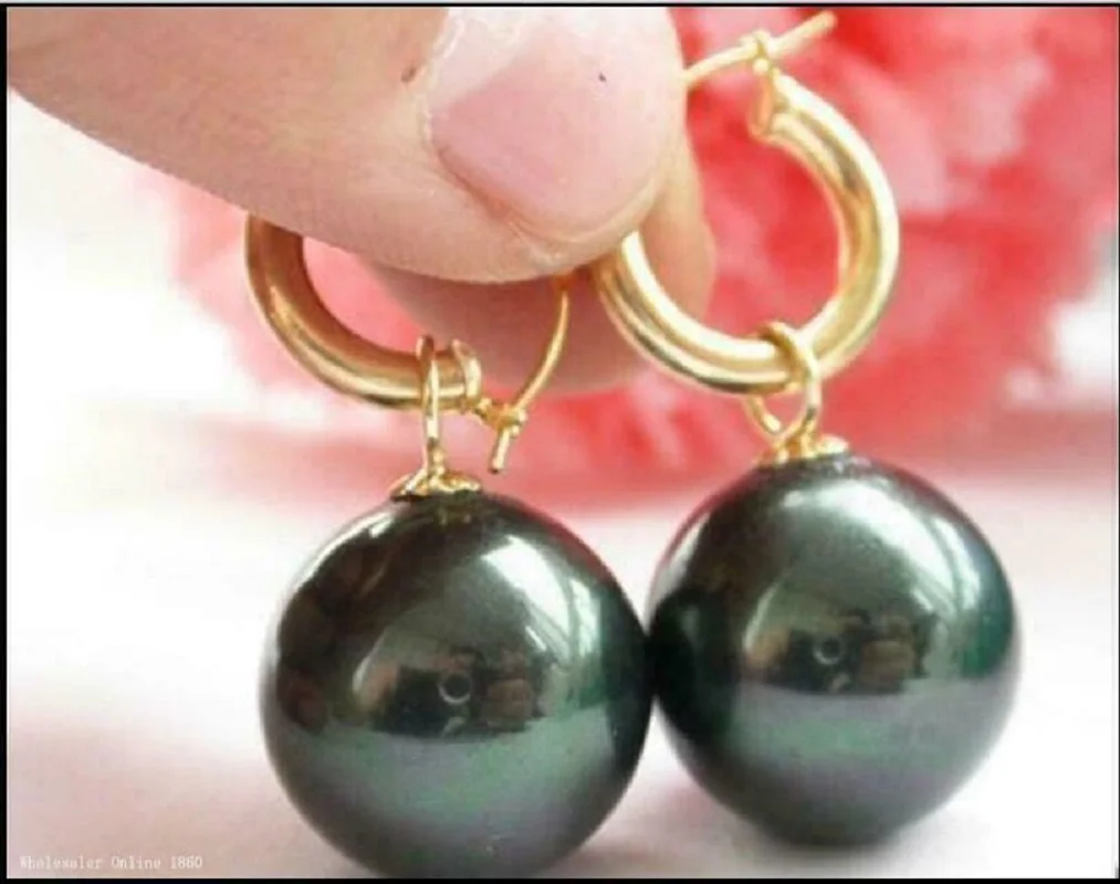 

Hot selling large quantity of AAAA 16mm circular South China Sea black shell pearl earrings 14K gold