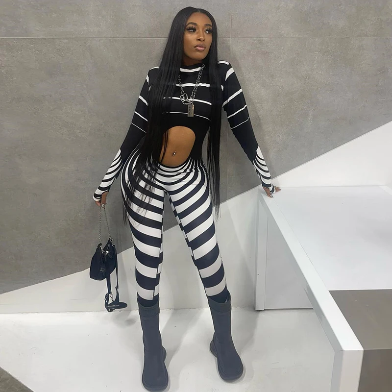 

2022 Autumn New Fashion Street Hot Girl Printing Stripes Sexy Personality Hollow Trend High Waist Jumpsuit Women