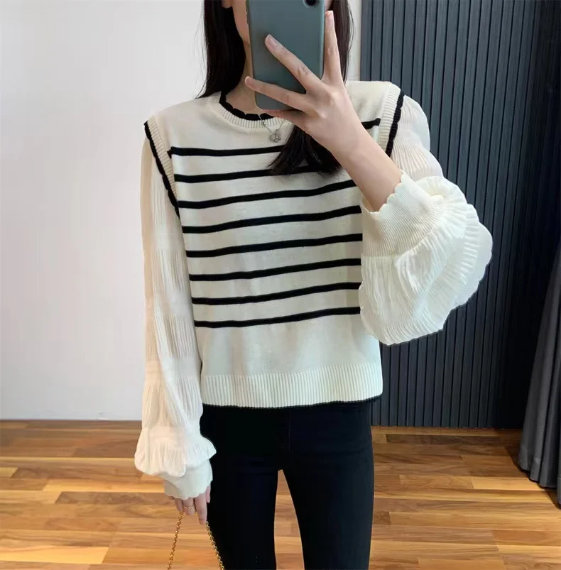 

Women Cashmere Sweater Women Casual Knitted Striped Cashmere Lace stitching Pullover Elegant Sweater Women Spring 2023