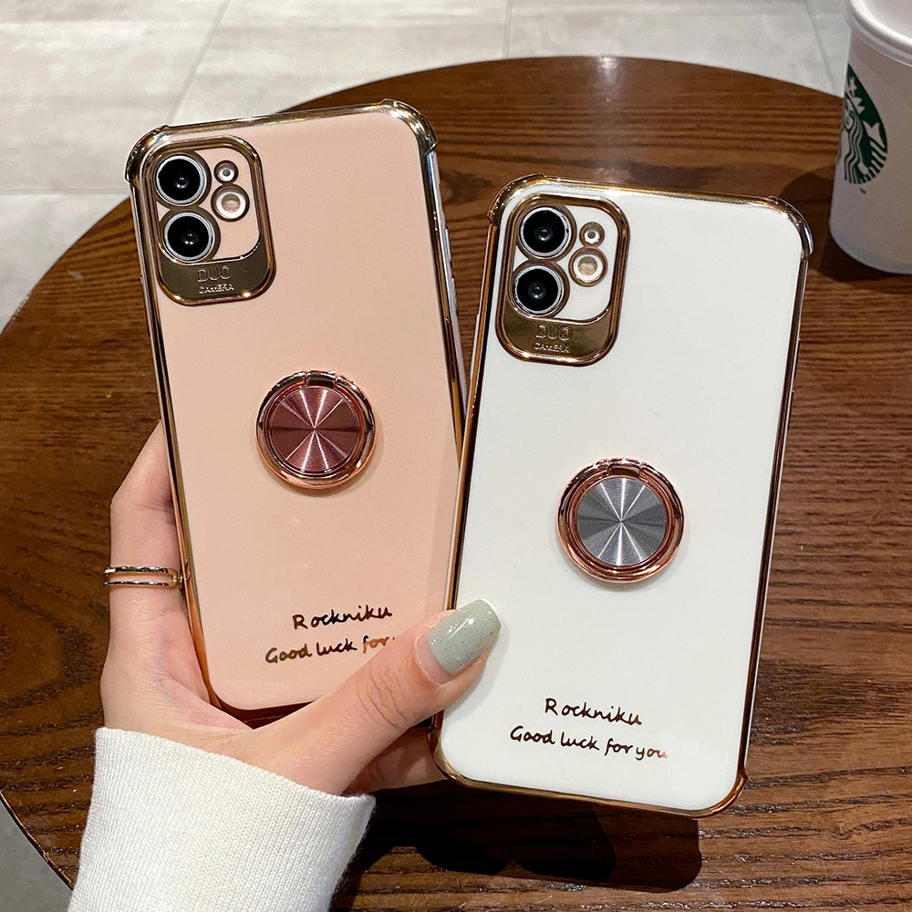 Finger Ring Stand Case For iPhone 13 14 7 12 Pro 11 XS Max X XR Shell Protective Luxury 6D Plated Soft Phone Car Hold Cover