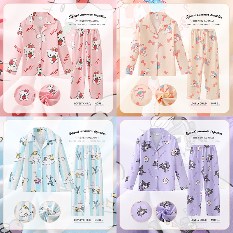 

Милые детские пижамы HelloKitty Sanrio, аниме Kuromi Cinnamoroll MyMelody, милый домашний женский комплект с длинными рукавами, подарок для девочки на день рождения