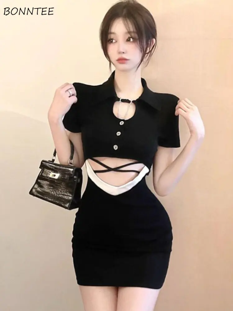 

Черное мини-платье, женская облегающая уличная одежда с вырезами, летнее Горячее Милое женское популярное в эстетике крутое универсальное в Корейском стиле