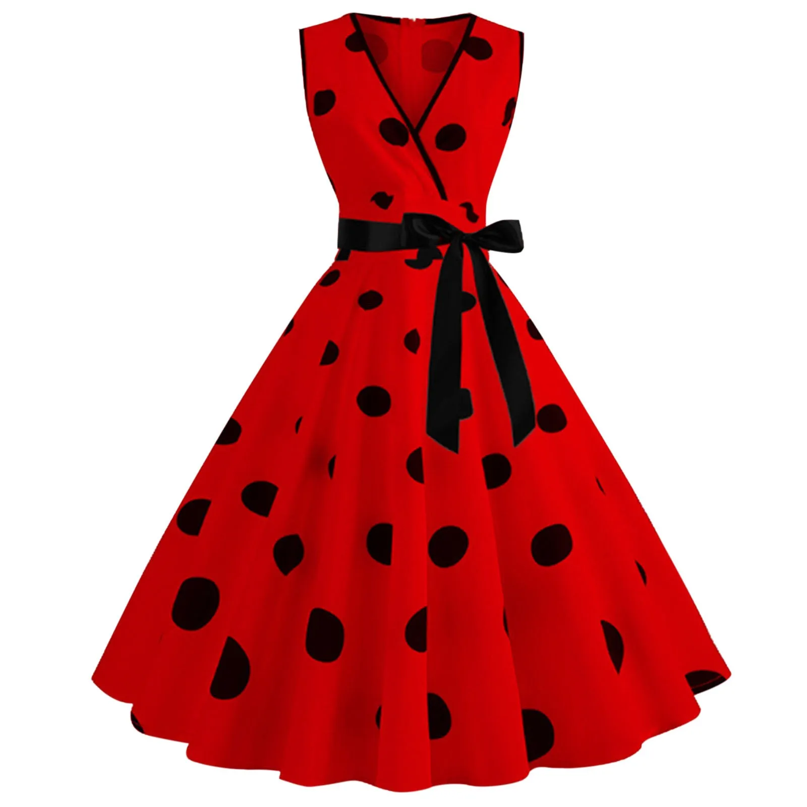 

Polka Dot Print Summer Dress Women Vintage Elegant Sleeveless Floral Dress Bownot Belt Evening Party Sundress Vestidos