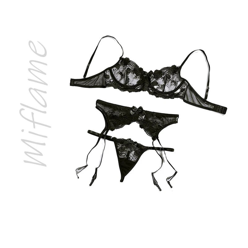 Miflame-Exquisite embroidery sexy transparent lace underwear garter belt sexy bra set