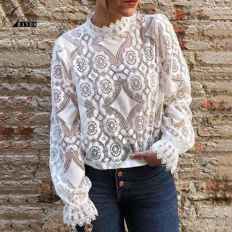

Gold Hands Elegant White Lace Mock Neck Long Sleeve Floral Mesh Shirt Sheer Crochet Blouse Tops Hollow Out