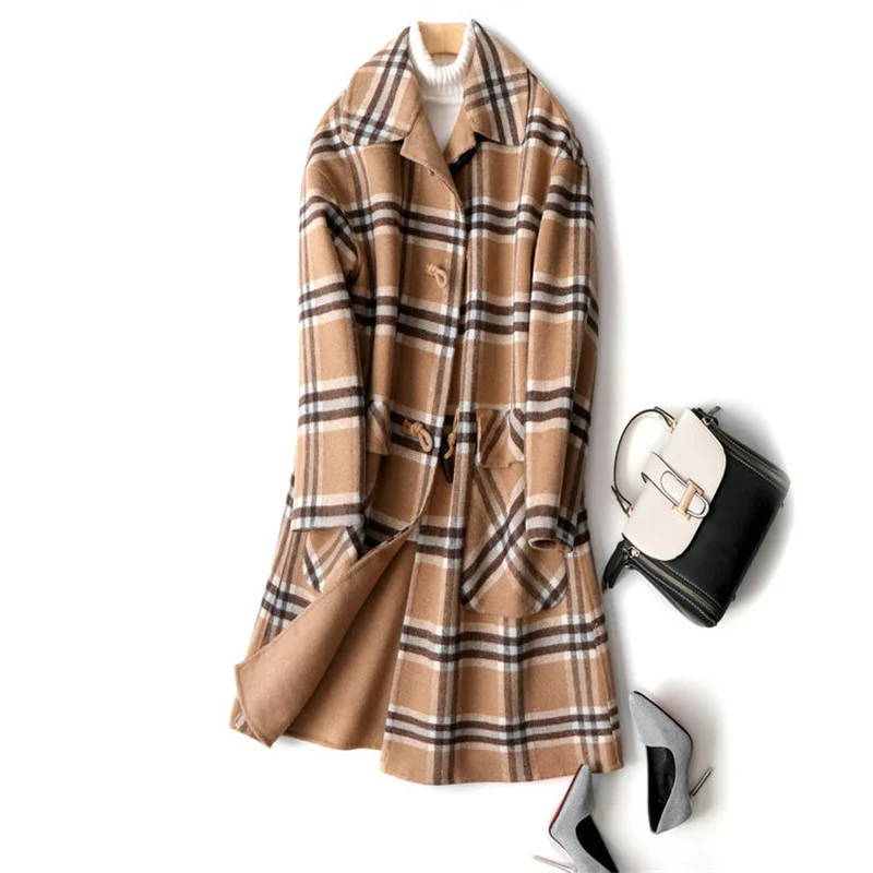 

Handmade Retro plaid double-sided cashmere wool coat for women's 2022 autumn winter new mid-length 90-95% wool coat femme K1187