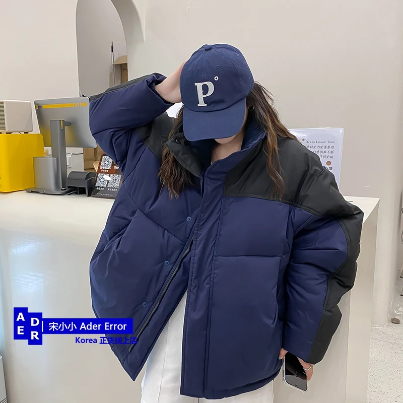 Korean version of high-quality autumn and winter color-blocking down jacket men and women couples loose warm thickened coat tops