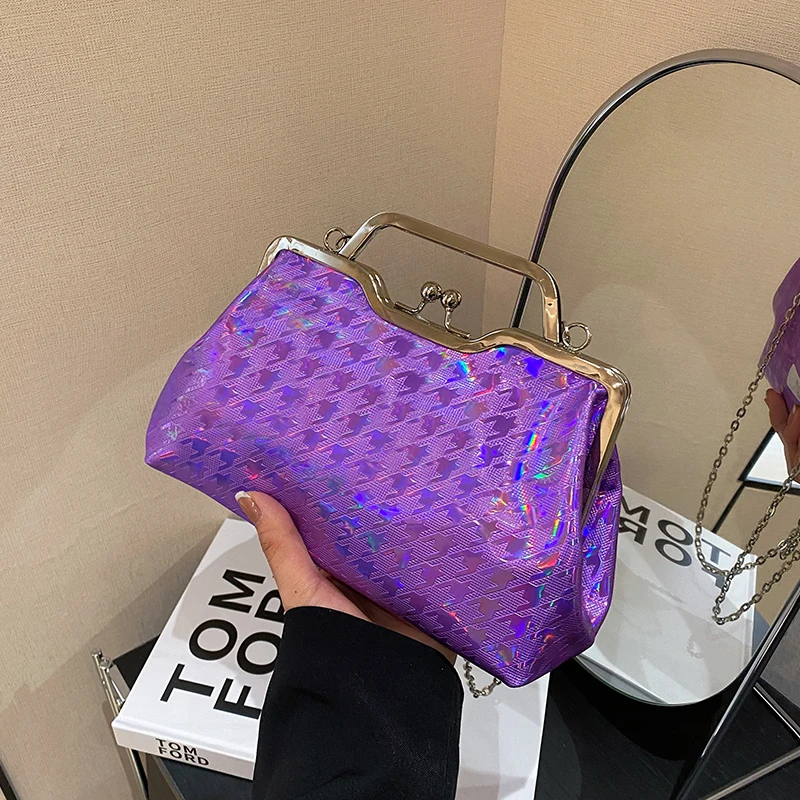 

Purple Color Silvery Chain Bags for Woman Sparkling Diamond Grid PU Leather Texture Exquisite Evening Wedding Clutches Handbag