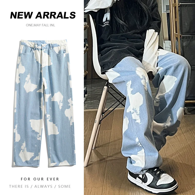 Blue Black Tie Dyed Jeans Men Fashion Oversized Retro Printed Jeans Mens Streetwear Hip-hop Loose Straight Denim Trousers Men