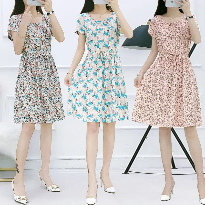 

2022 Summer Women New Floral Print Casual Vestido Female O-neck Loose A-line Dress Ladies Short Sleeve Cotton Silk Dresses D55