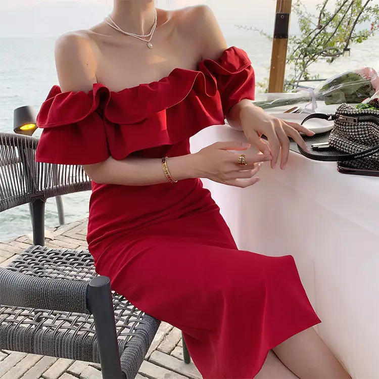 

Beach Vintage Elegant Dress Women Backless France Evening Party Midi Dress Red Korean Sexy Boho Split Dress Summer 2022