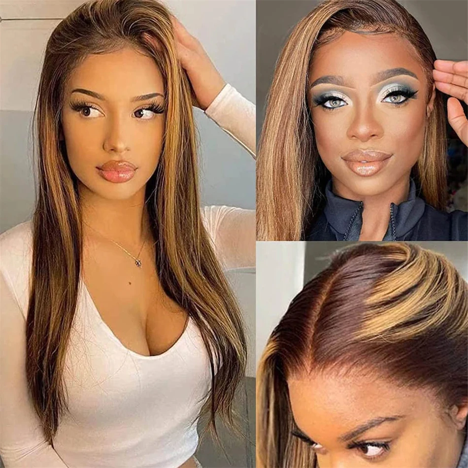 427 хайлайтер коричневый прямой кружевной передний парик 13x6 4x4 человеческие