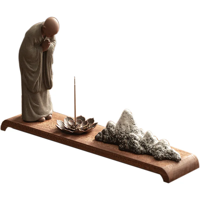 

Zen little monk lotusIncense burnershelf，Ceramic praying monk， Home living room study decoration ornaments
