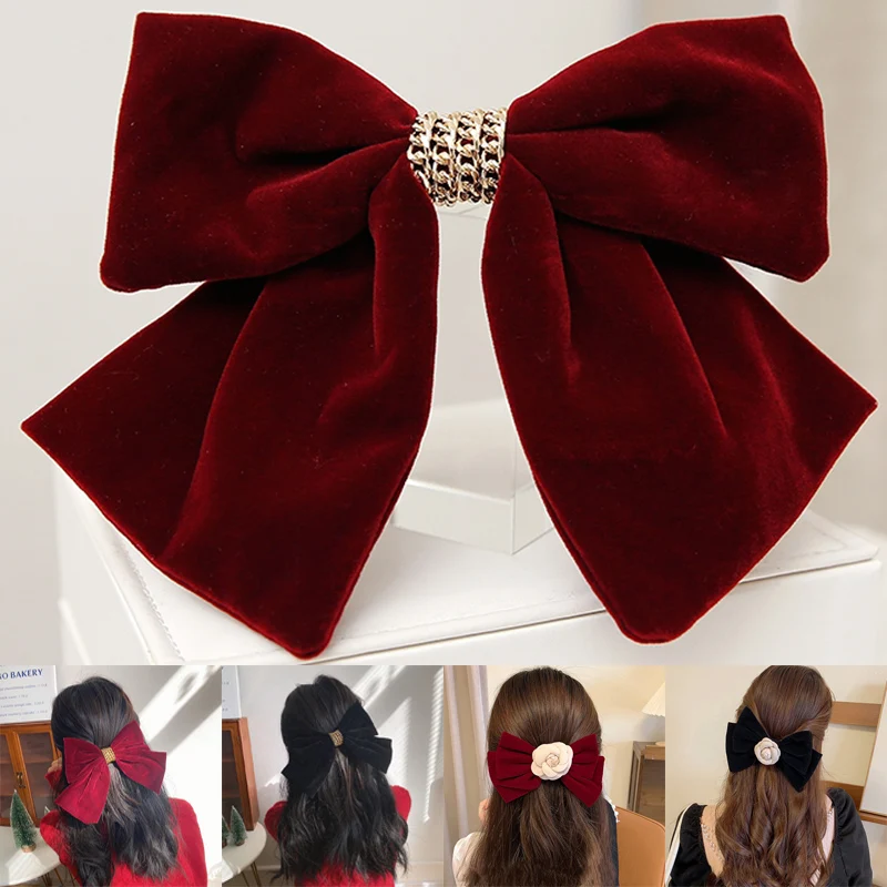 

Big Velvet Bow Hair Clip Vintage Red Women Girl Hairclip Bowknot Headband Butterfly Link Chain Accessorie Heawear Party Cosplay