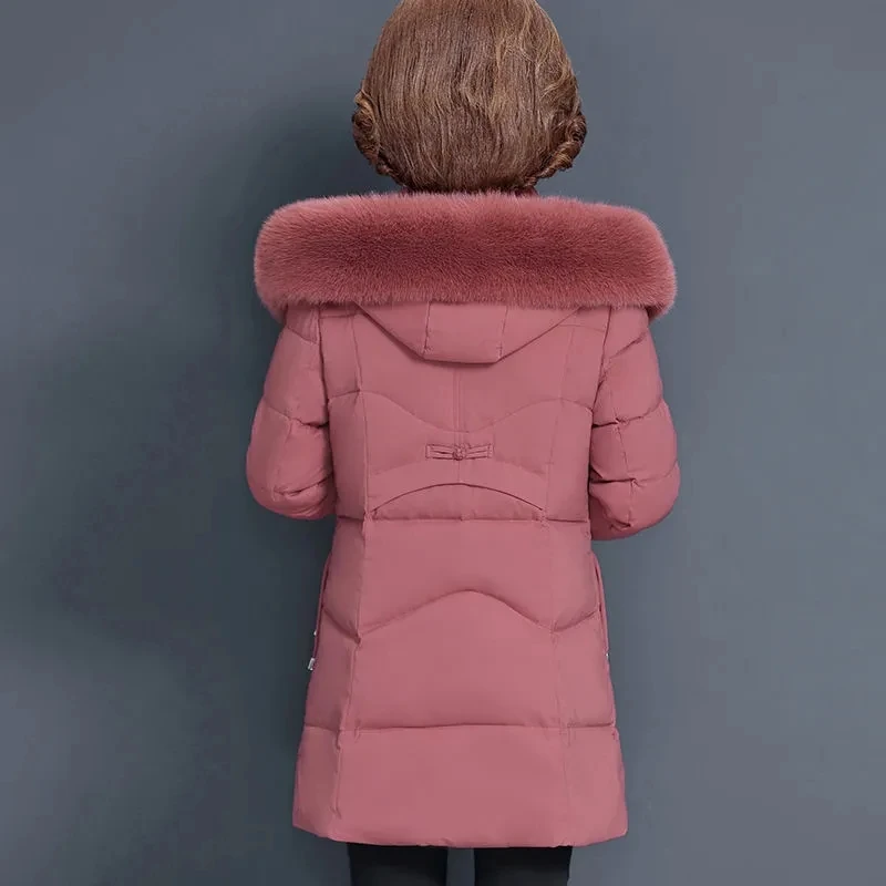 Middle Aged Women Cotton Padded Coat Down Jacket New Fashion Hooded Fur Collar Parkas Women Winter Jacket Coat Outerwear