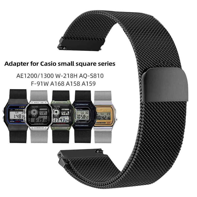 Фото Дышащий сетчатый ремешок Milan из нержавеющей стали 18 мм для Casio AE-1200/1300 A158/159 W-216H A168/F91W, металлический ремешок для часов с магнитной застежкой №1