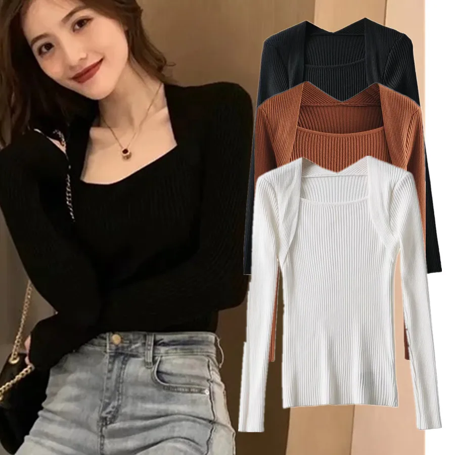 

Elmsk 2022 Hepburn Style Square Collar Sexy Knitted Harajuku Tshirt Summer TShirt Women Camisetas Verano Mujer Vintage