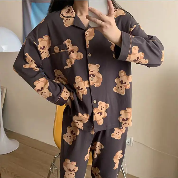 Heart Print Home Suit Loose Cotton Casual Sleepwear Korean Pajamas Set Trousers Harajuku Home Clothes Kawaii Single Breasted Top