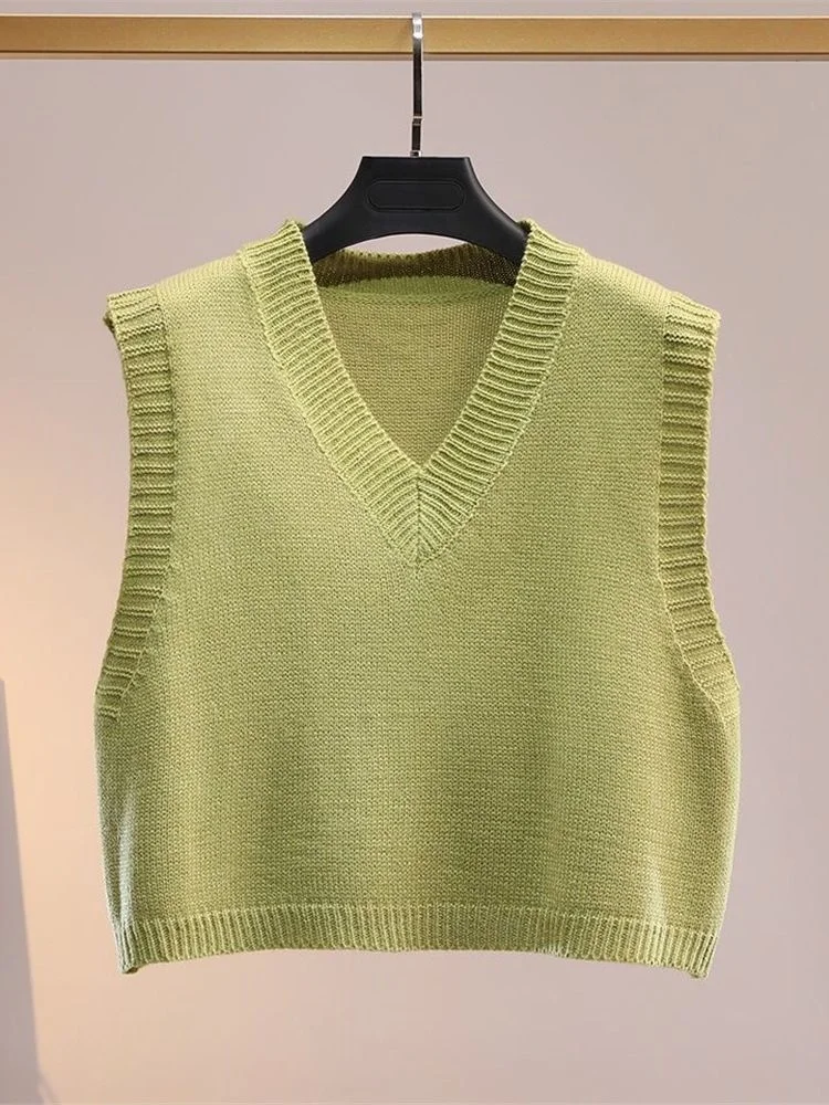 

Korean Fashion Women Casual Autumn Women Short Knitted Sweater SleevelessVest Ladies V-Neck Basic Pullover Tank Waistcoat Tops