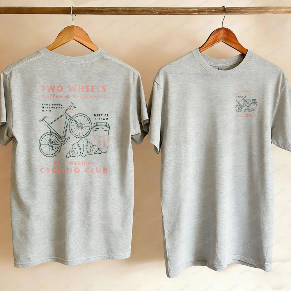 Фото Укороченная футболка Cycling Club с рисунком велосипеда, кофе и круассанов, футболка оверсайз, высококачественная хлопковая футболка №2