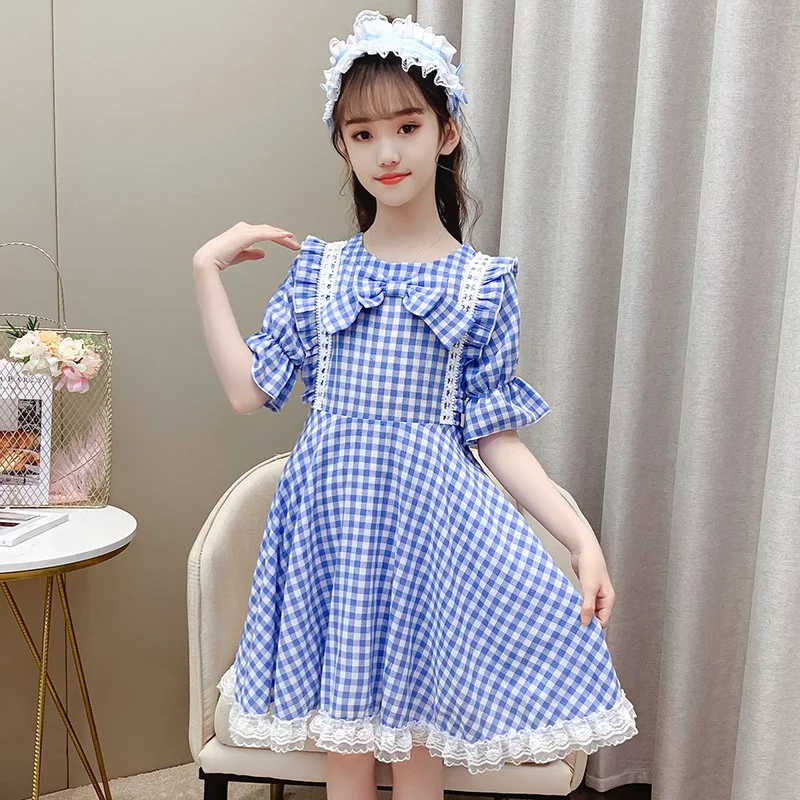 

2022 new girls autumn summer plaid dress elegant children frocks girl princess lolita skirt cotton bow lace clothing cute dress