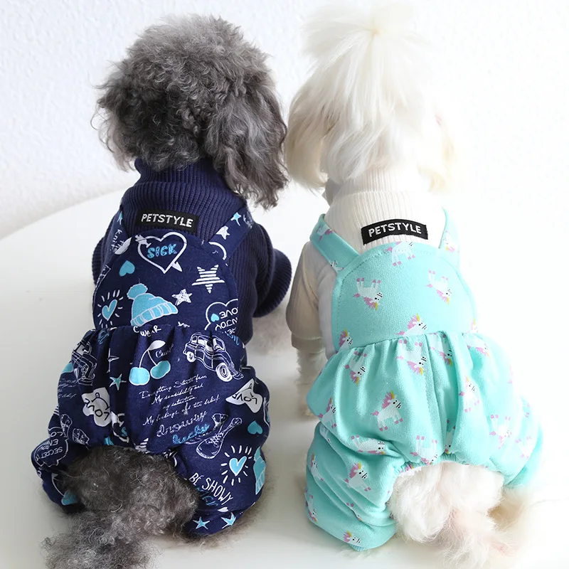 

Blue Green Colors Warm Dog Jumpsuits Four Legs Pet Clothing with Animals Printed Warm Cotton Padded Perros Accesorios Ropa