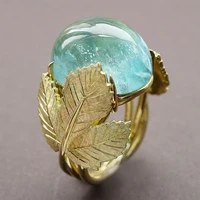big gold color leaves ring fashion luxury light blue sapphire leaf romantic rings for women natural ring transparent ball rings