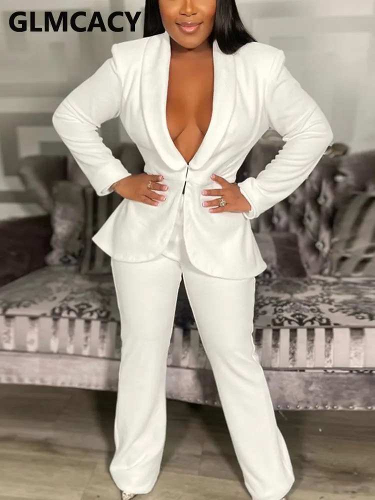 

2 Pieces Pants Sets Women Puff Sleeve Top Blazer & Pants