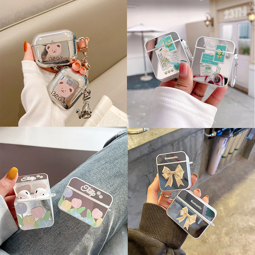

Mirror Case for Apple AirPods 1 2 Pro 3rd Generation Cover Flower Hearts Capa Bluetooth Earphone Keychain Lanyard Charm