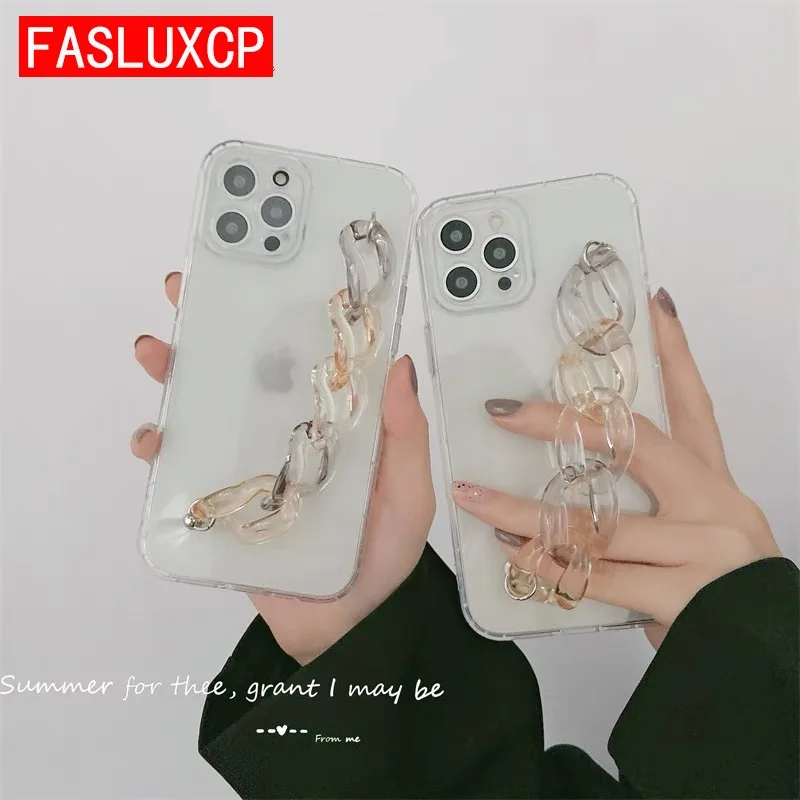 

Crystal Chain Wrist Strap Clear Phone Case for iPhone 13 12 Pro Max 11 X XR XS SE 3 7 6 8 Plus Luxury Bracelet Transparent Cover