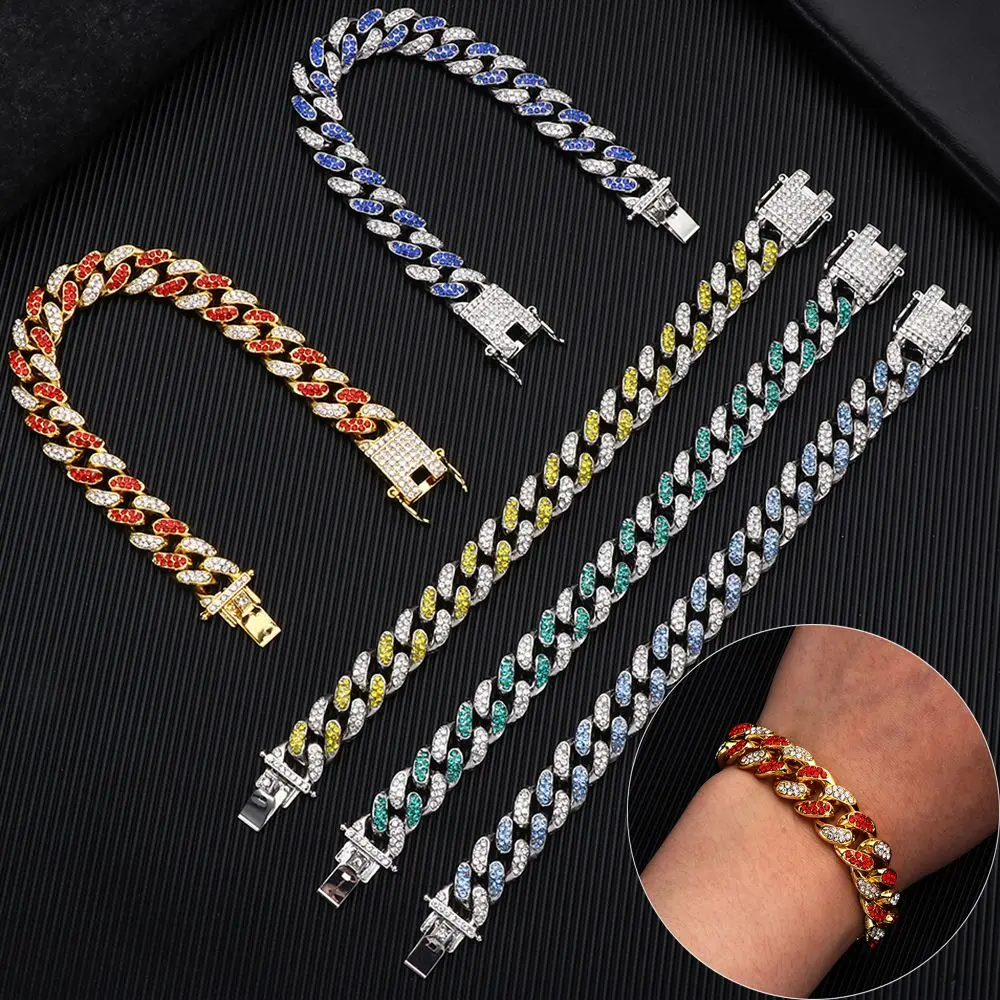 

12mm Width Women Men Fashion Bracelet Luxury Shiny Link Chain Hip Hop Bracelet Inlaid Rhinestone