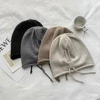 Pile Heap Cap Women 'S Drawstring Curling Big Head Makes Face Wind Pile Heap Cap Autumn And Winter Solid Color Knitted Hat