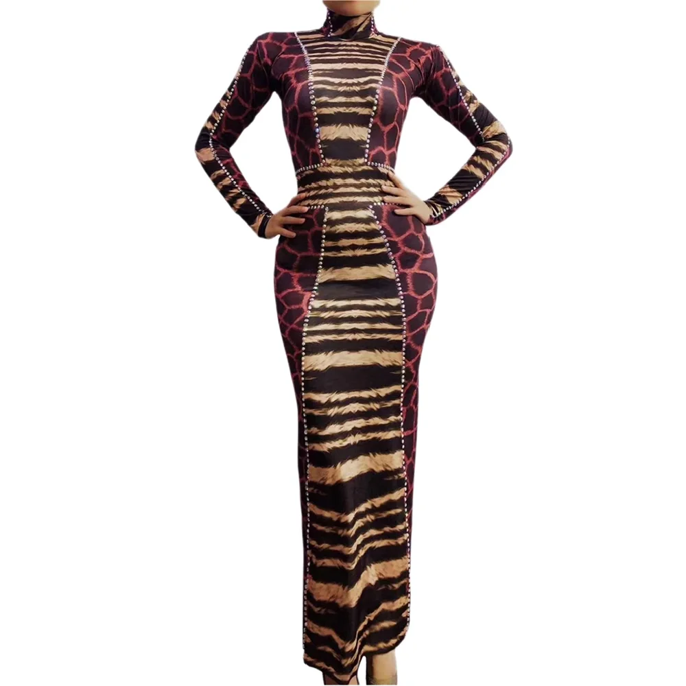 

Leopard Rhinestones Long Sleeves Split Sexy Women Sheath Dress Evening Party Prom Clothing Stage Singer Show Costume
