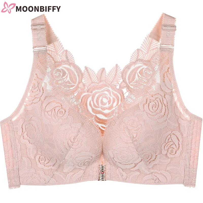 

Women Front Button Rose Bra Underwear Big Size Large Size Bra Underwear Gather Adjustment Underwireless Beautiful Back 100D