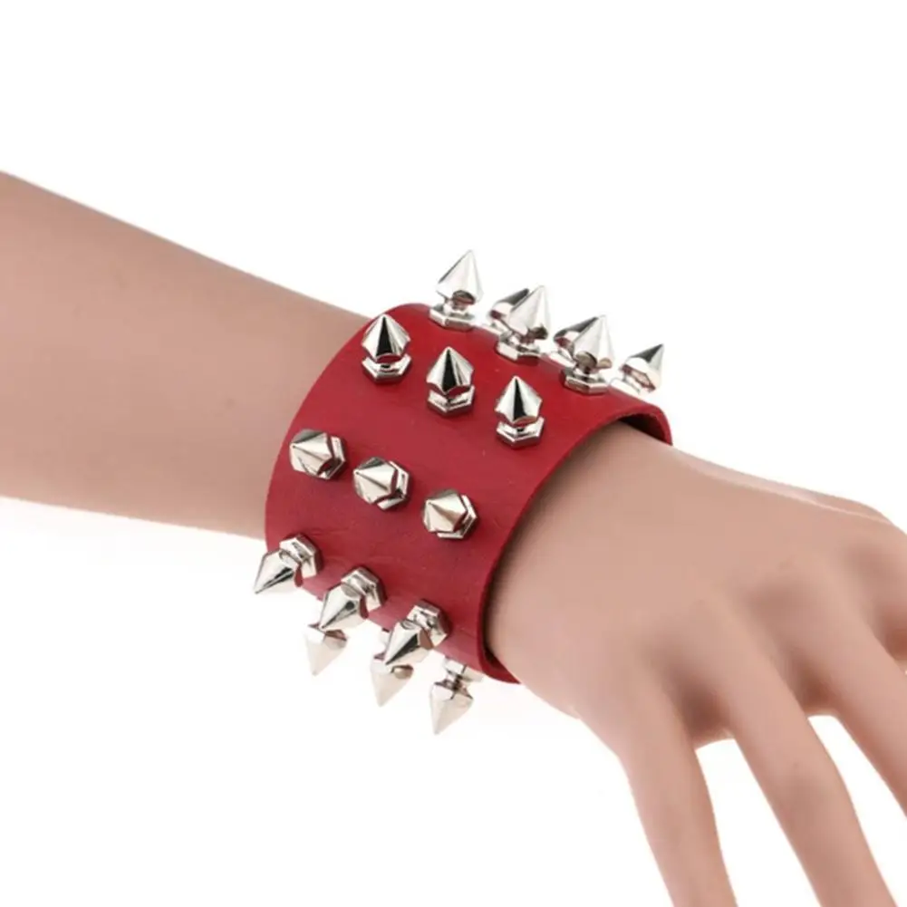 

Gothic Unique Three Row Cuspidal Spikes Rivet Stud Punk Leather Cuff Unisex Rock Gothic Men Bangle Bracelet Jewelry Wide Punk