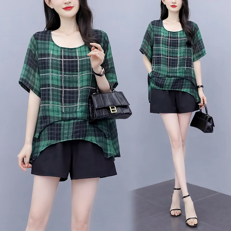 Женский модный костюм большого размера клетчатый Топ и короткие брюки комплект